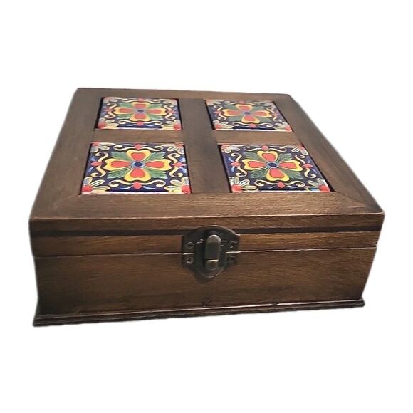 Ceramic Tile Top Wood Storage Trinket Jewelry Decor Rustic Box Mexico 6.5"x6.5" - Picture 6 of 9